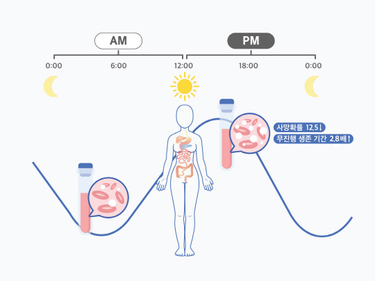 IBS는 광범위 B형 대세포 림프종 여성 환자를 대상으로 관측한 결과, 오후 항암치료가 오전에 비해 예후가 더 좋아진다는 가능성을 제시했다.  IBS 제공